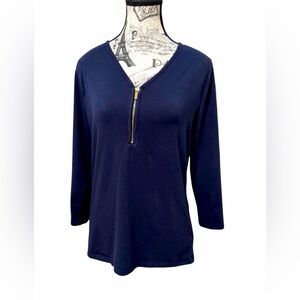 Jones New York Blue and Gold zipper front, 3/4 Sleeve Relaxed Blouse size Medium